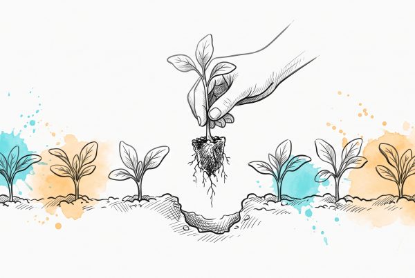 Ink illustration of a row of seedlings in a garden bed, with a hand lifting one clean out of the soil to inspect its roots, leaving an empty hole where it grew