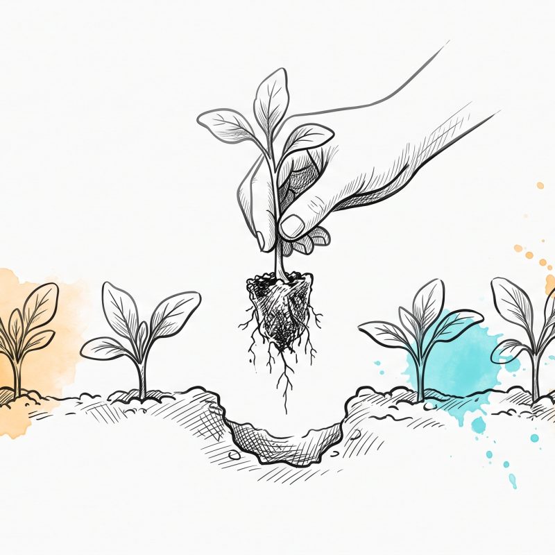Ink illustration of a row of seedlings in a garden bed, with a hand lifting one clean out of the soil to inspect its roots, leaving an empty hole where it grew