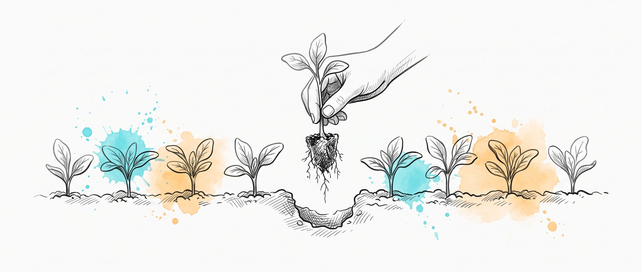 Ink illustration of a row of seedlings in a garden bed, with a hand lifting one clean out of the soil to inspect its roots, leaving an empty hole where it grew