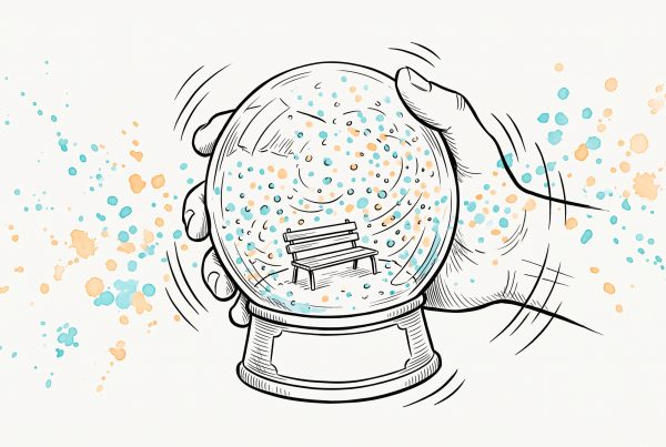 Ink illustration of a hand shaking a snow globe, cyan and apricot flakes swirling around a small bench for two inside