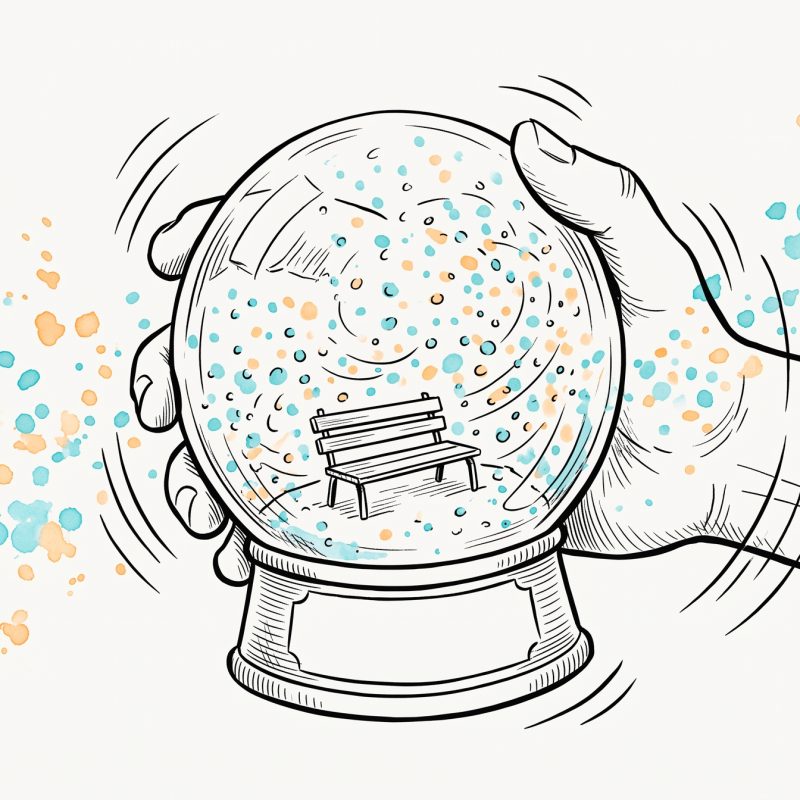 Ink illustration of a hand shaking a snow globe, cyan and apricot flakes swirling around a small bench for two inside