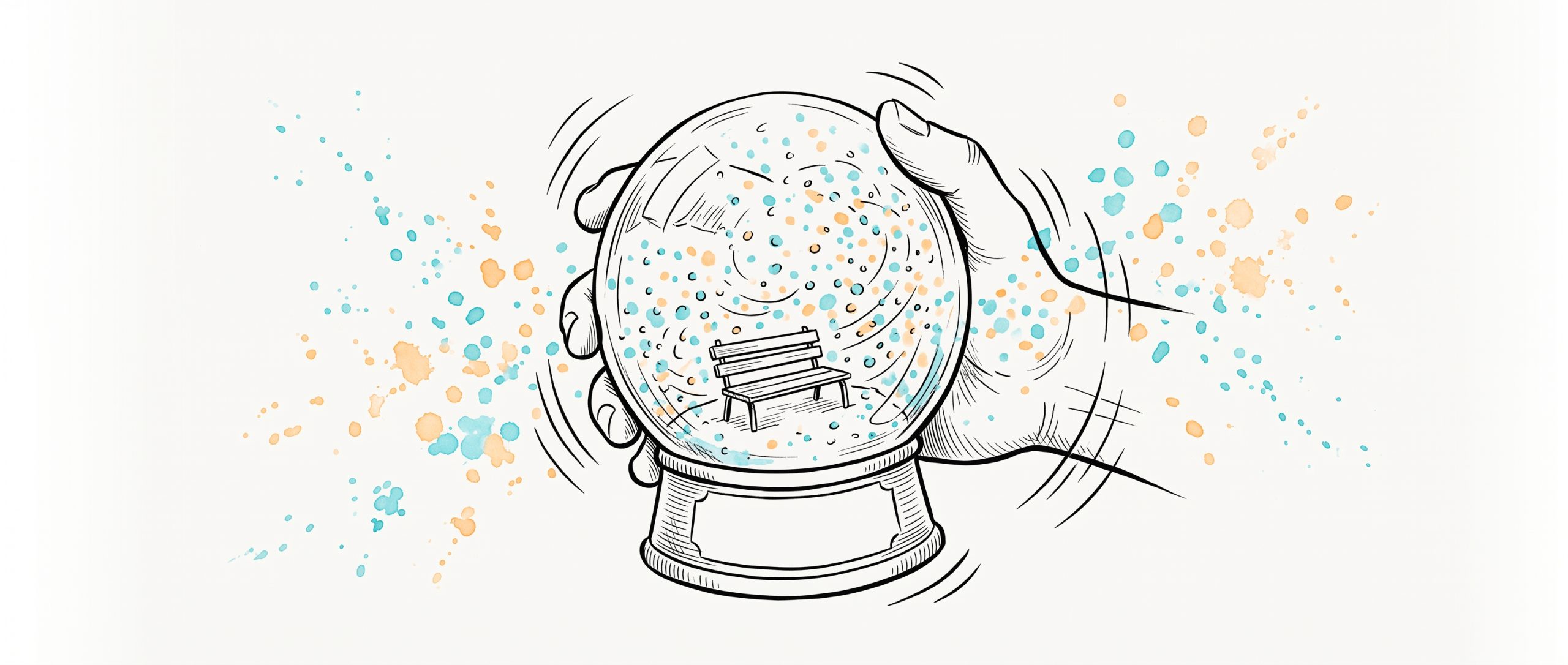 Ink illustration of a hand shaking a snow globe, cyan and apricot flakes swirling around a small bench for two inside