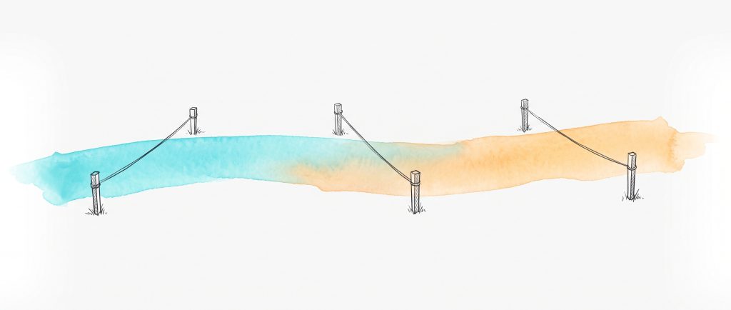 Hand-drawn ink and watercolour illustration: a continuous cyan-to-apricot watercolour band with three sets of plain boundary stakes and strings planted across it at different, disagreeing positions, while the wash flows on uninterrupted beneath them