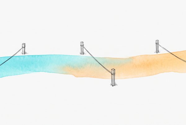 Hand-drawn ink and watercolour illustration: a continuous cyan-to-apricot watercolour band with three sets of plain boundary stakes and strings planted across it at different, disagreeing positions, while the wash flows on uninterrupted beneath them