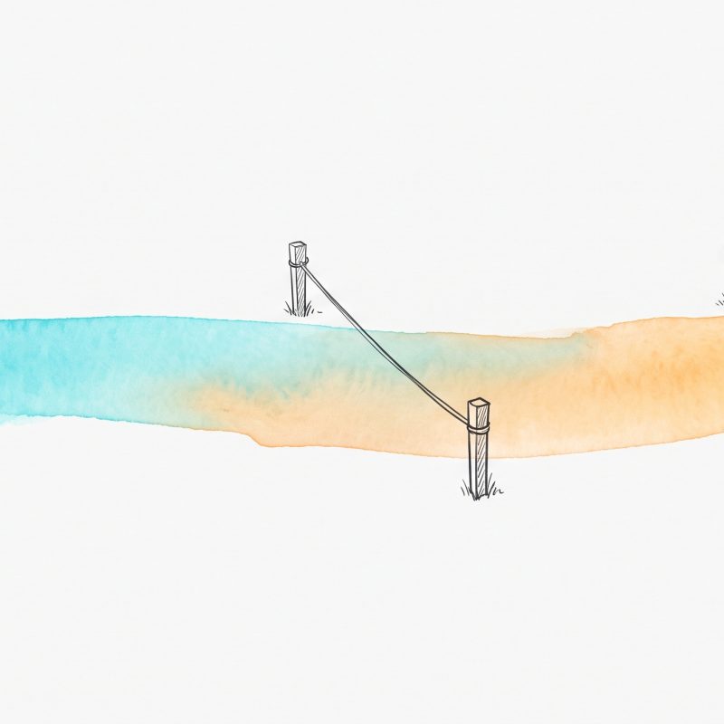 Hand-drawn ink and watercolour illustration: a continuous cyan-to-apricot watercolour band with three sets of plain boundary stakes and strings planted across it at different, disagreeing positions, while the wash flows on uninterrupted beneath them
