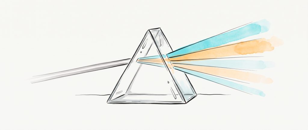 Ink and watercolour illustration of a glass prism splitting one plain grey beam of light into separate cyan and apricot bands, a metaphor for telling feelings apart