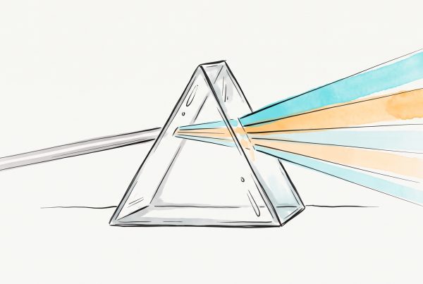 Ink and watercolour illustration of a glass prism splitting one plain grey beam of light into separate cyan and apricot bands, a metaphor for telling feelings apart