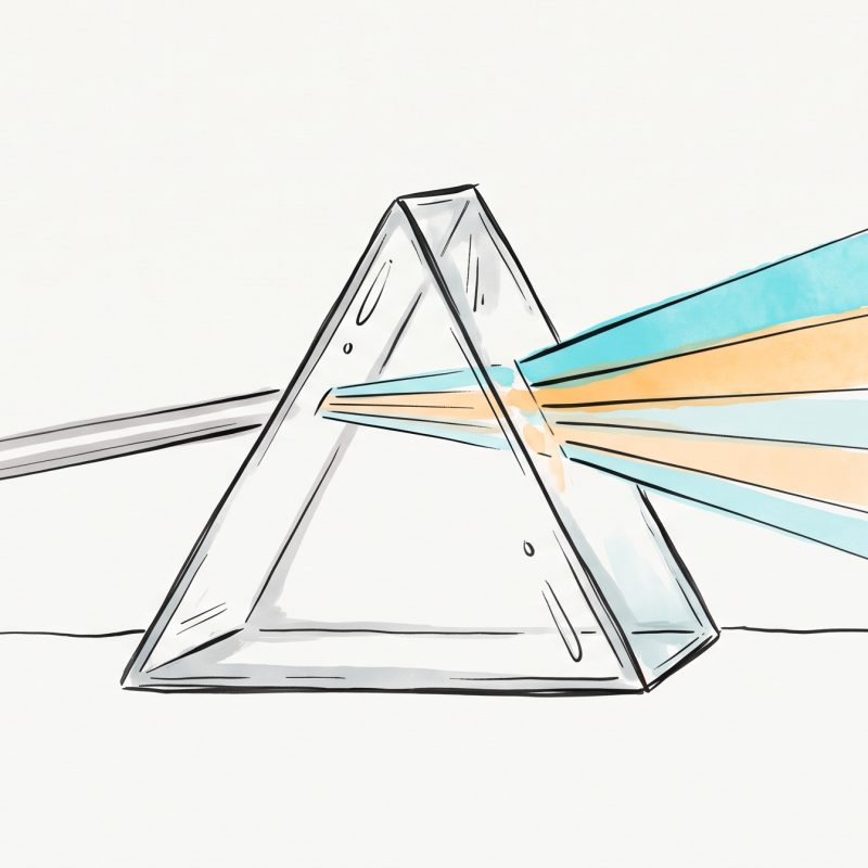Ink and watercolour illustration of a glass prism splitting one plain grey beam of light into separate cyan and apricot bands, a metaphor for telling feelings apart