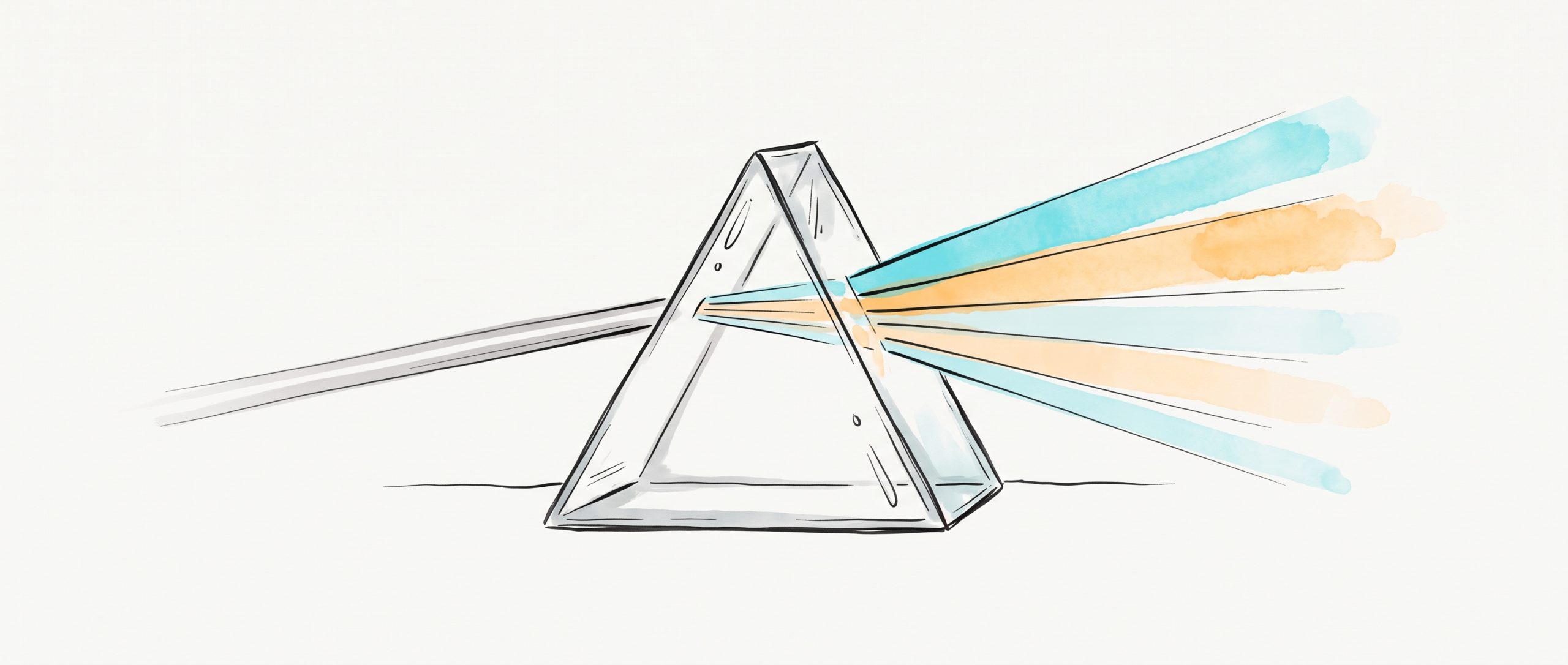 Ink and watercolour illustration of a glass prism splitting one plain grey beam of light into separate cyan and apricot bands, a metaphor for telling feelings apart