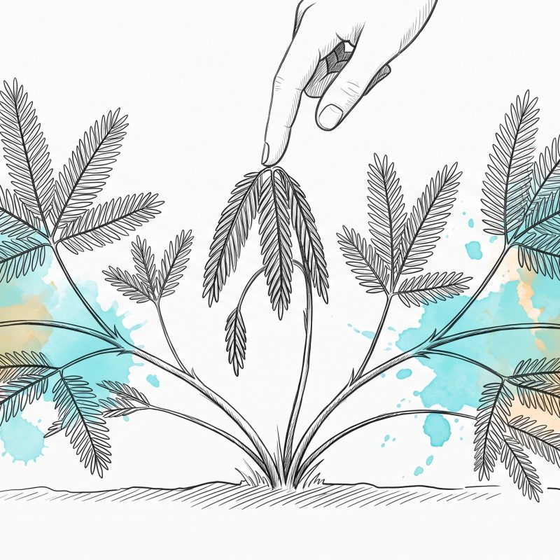 Ink illustration of a sensitive plant with many open fronds, one frond folded shut where a fingertip touches it, with cyan and apricot watercolour splashes