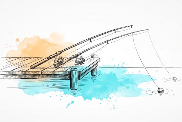 Hand-drawn ink illustration of two fishing rods resting side by side on a wooden jetty, each with its own line and float in calm water, with cyan and apricot watercolour splashes