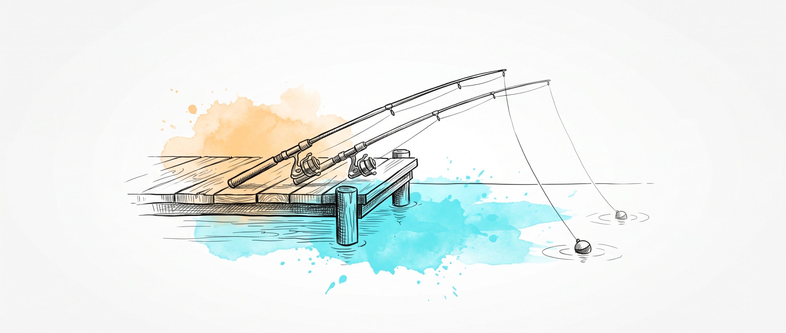 Hand-drawn ink illustration of two fishing rods resting side by side on a wooden jetty, each with its own line and float in calm water, with cyan and apricot watercolour splashes