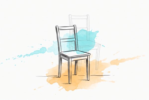 Ink illustration of a wooden chair with a faint dotted outline of itself slightly out of alignment, easing back into place, with cyan and apricot watercolour splashes