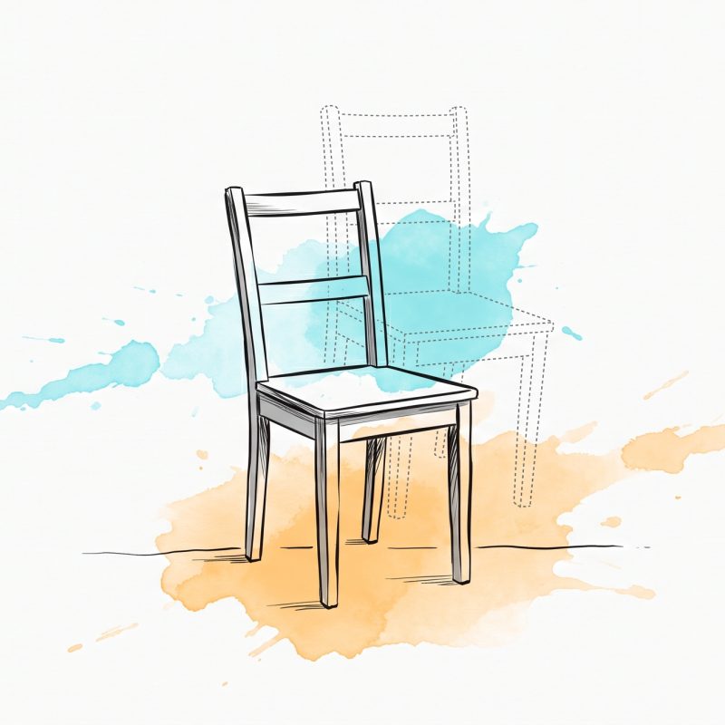 Ink illustration of a wooden chair with a faint dotted outline of itself slightly out of alignment, easing back into place, with cyan and apricot watercolour splashes