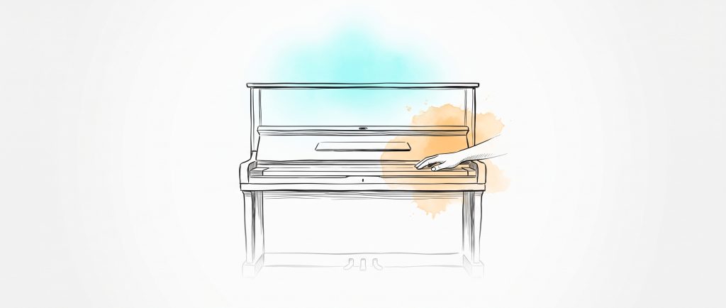 Ink drawing of an upright piano with its keyboard lid closed, a hand resting on the lid, soft cyan and apricot watercolour glowing behind it