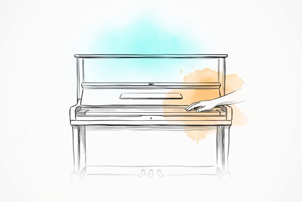 Ink drawing of an upright piano with its keyboard lid closed, a hand resting on the lid, soft cyan and apricot watercolour glowing behind it