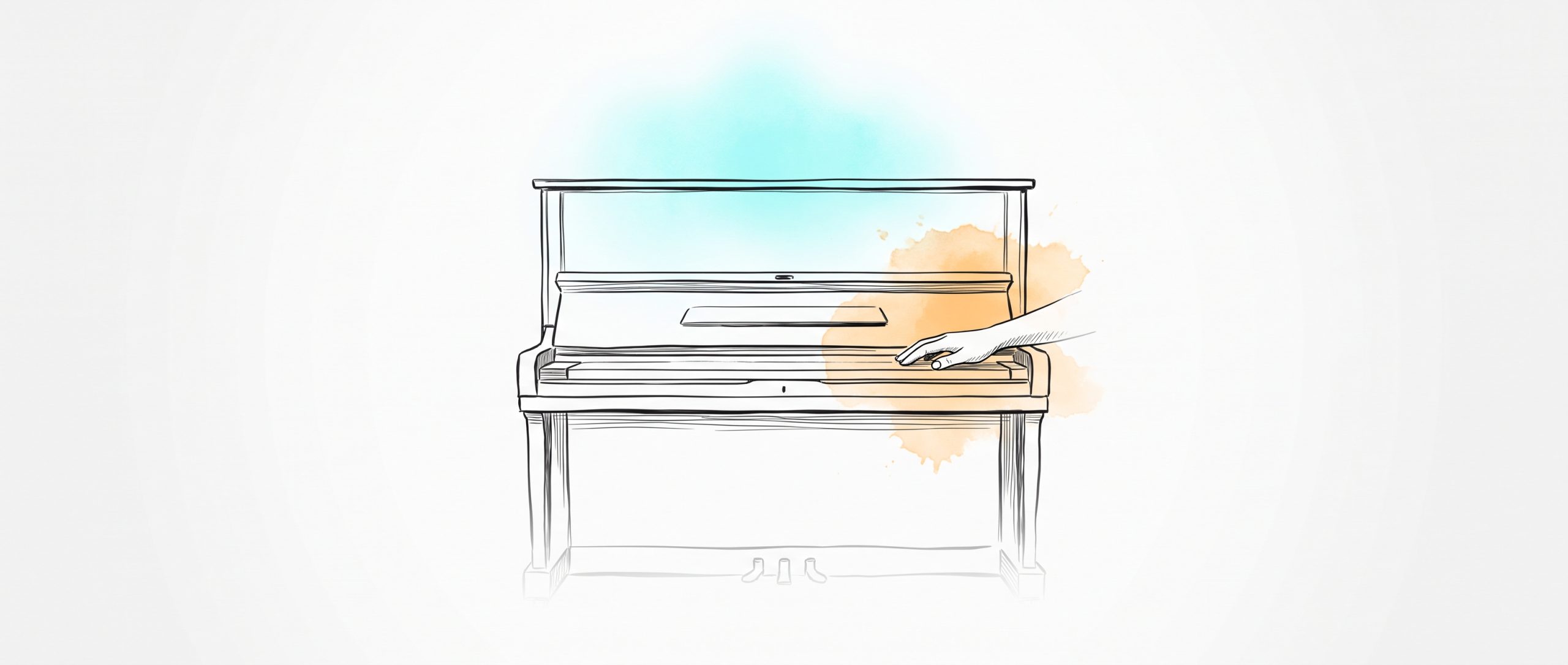 Ink drawing of an upright piano with its keyboard lid closed, a hand resting on the lid, soft cyan and apricot watercolour glowing behind it