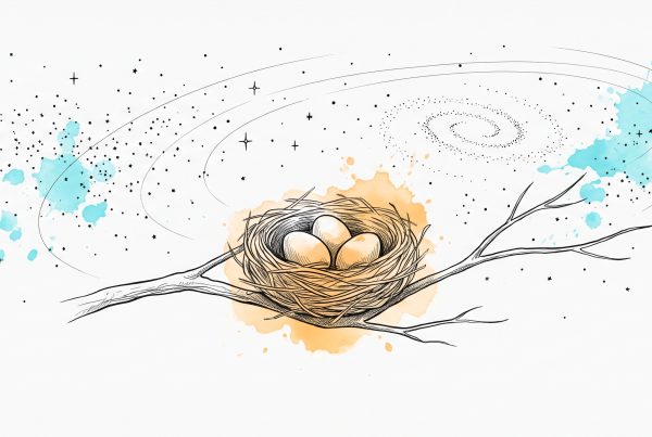 Hand-drawn ink illustration of a small bird nest with three eggs cradled in a branch, glowing warm apricot, beneath a vast field of ink stars, orbital arcs and a distant spiral galaxy with cyan watercolour splashes