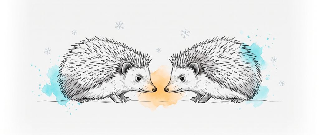 Ink and watercolour illustration of two hedgehogs face to face on a winter night, spines raised, a warm glow between them: wanting closeness and fearing it