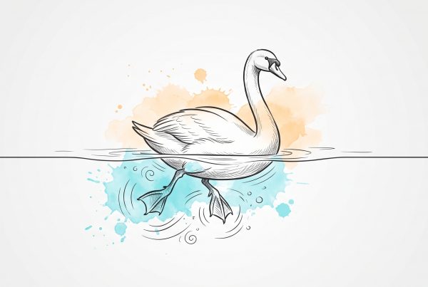 Ink and watercolour illustration of a swan gliding calmly on the water while, below the surface, its feet paddle hard, a metaphor for high-functioning depression
