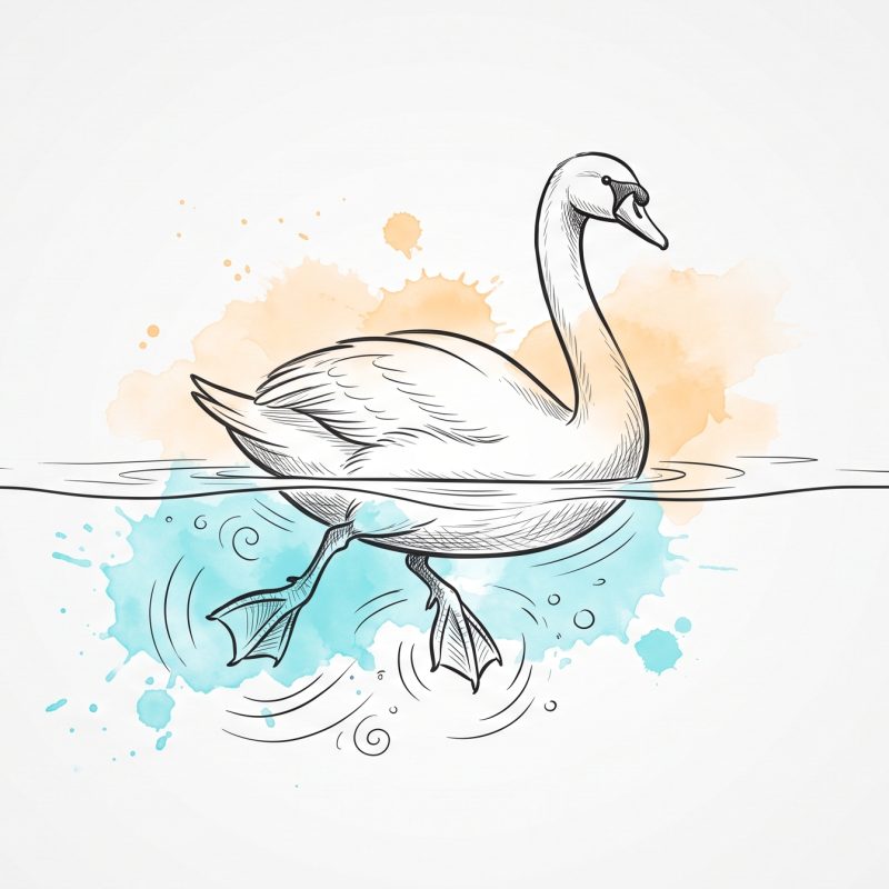 Ink and watercolour illustration of a swan gliding calmly on the water while, below the surface, its feet paddle hard, a metaphor for high-functioning depression