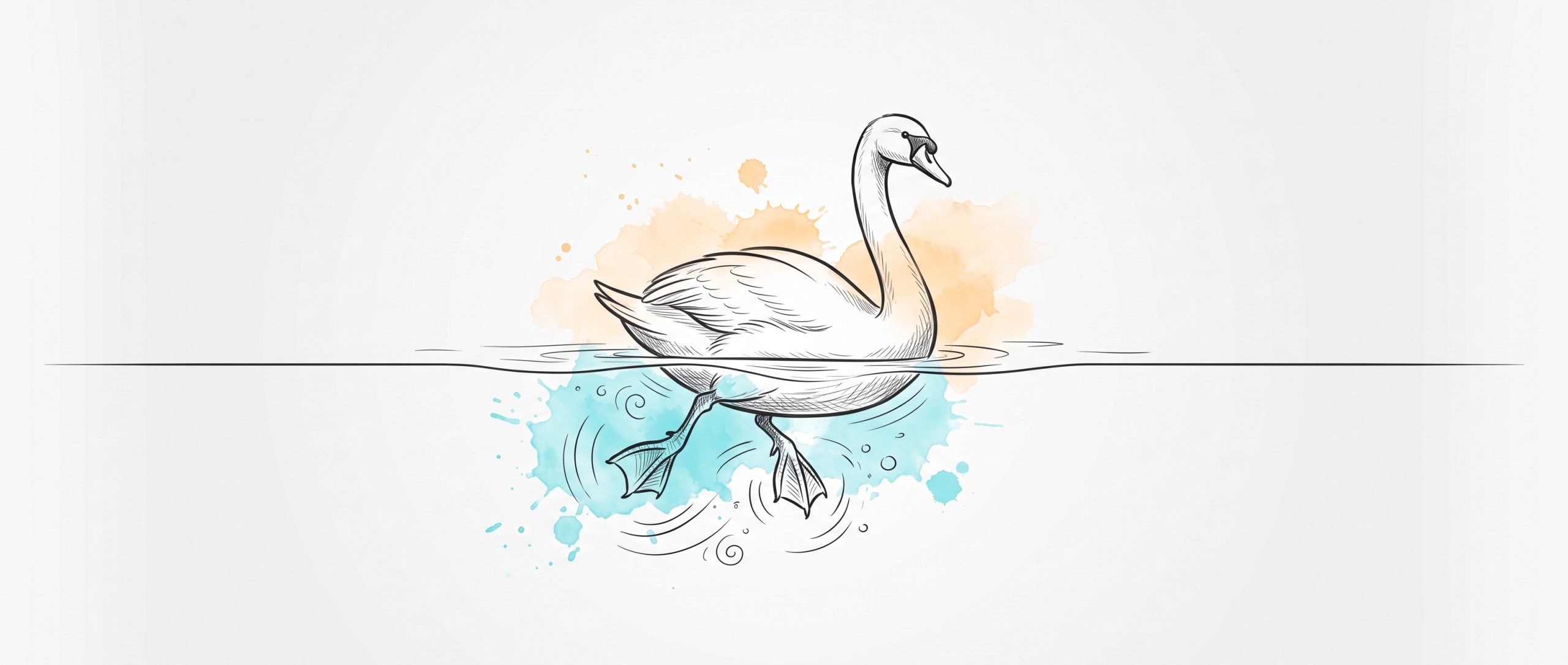 Ink and watercolour illustration of a swan gliding calmly on the water while, below the surface, its feet paddle hard, a metaphor for high-functioning depression