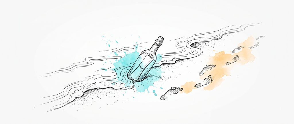 Ink illustration of a corked message in a bottle washing back onto a beach on a returning wave, while a trail of footprints walks away from it up the sand
