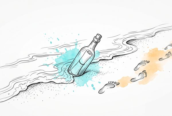 Ink illustration of a corked message in a bottle washing back onto a beach on a returning wave, while a trail of footprints walks away from it up the sand