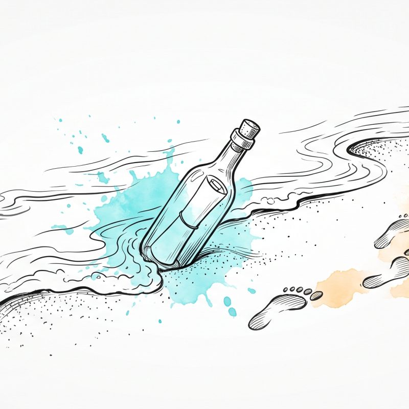 Ink illustration of a corked message in a bottle washing back onto a beach on a returning wave, while a trail of footprints walks away from it up the sand