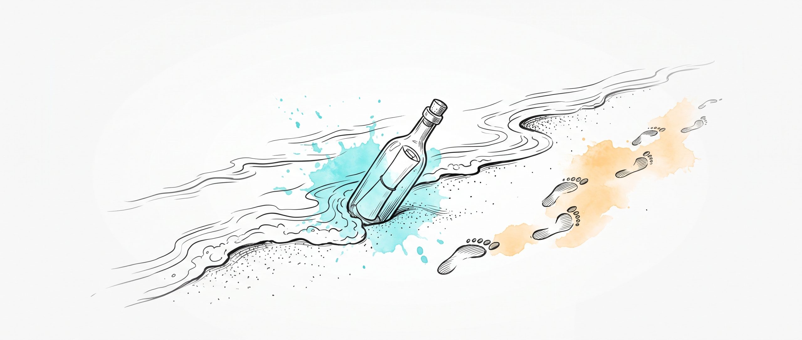 Ink illustration of a corked message in a bottle washing back onto a beach on a returning wave, while a trail of footprints walks away from it up the sand