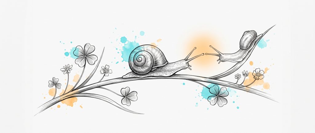 Hand-drawn ink illustration of a snail emerging from its shell on a grass stem, reaching its antennae toward a second snail, with cyan and apricot watercolour splashes