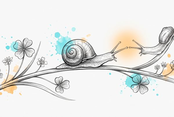 Hand-drawn ink illustration of a snail emerging from its shell on a grass stem, reaching its antennae toward a second snail, with cyan and apricot watercolour splashes