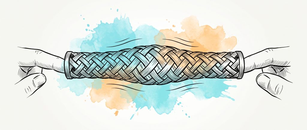 Ink illustration of a woven finger trap held between two fingertips, its weave loosening as the fingers ease inward, with cyan and apricot watercolour splashes