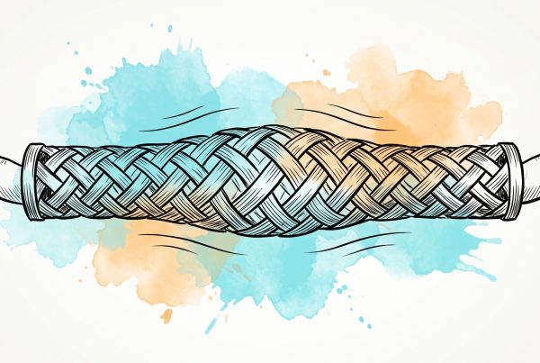 Ink illustration of a woven finger trap held between two fingertips, its weave loosening as the fingers ease inward, with cyan and apricot watercolour splashes