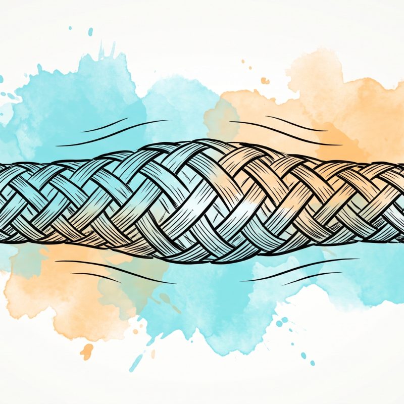 Ink illustration of a woven finger trap held between two fingertips, its weave loosening as the fingers ease inward, with cyan and apricot watercolour splashes