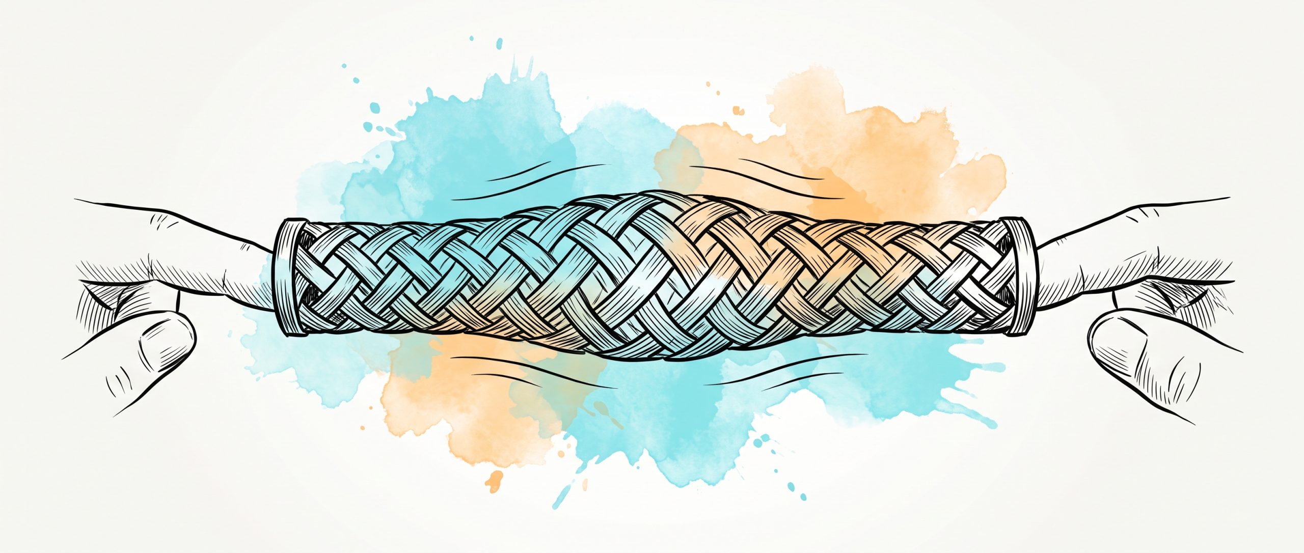 Ink illustration of a woven finger trap held between two fingertips, its weave loosening as the fingers ease inward, with cyan and apricot watercolour splashes