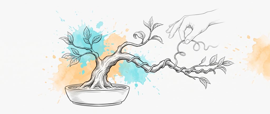 Ink illustration of a hand gently unwinding shaping wire from a bonsai branch, the freed part of the branch lifting into its own natural curve with new leaves