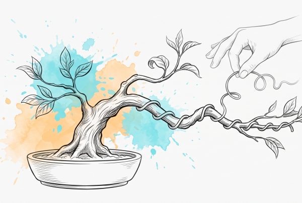 Ink illustration of a hand gently unwinding shaping wire from a bonsai branch, the freed part of the branch lifting into its own natural curve with new leaves