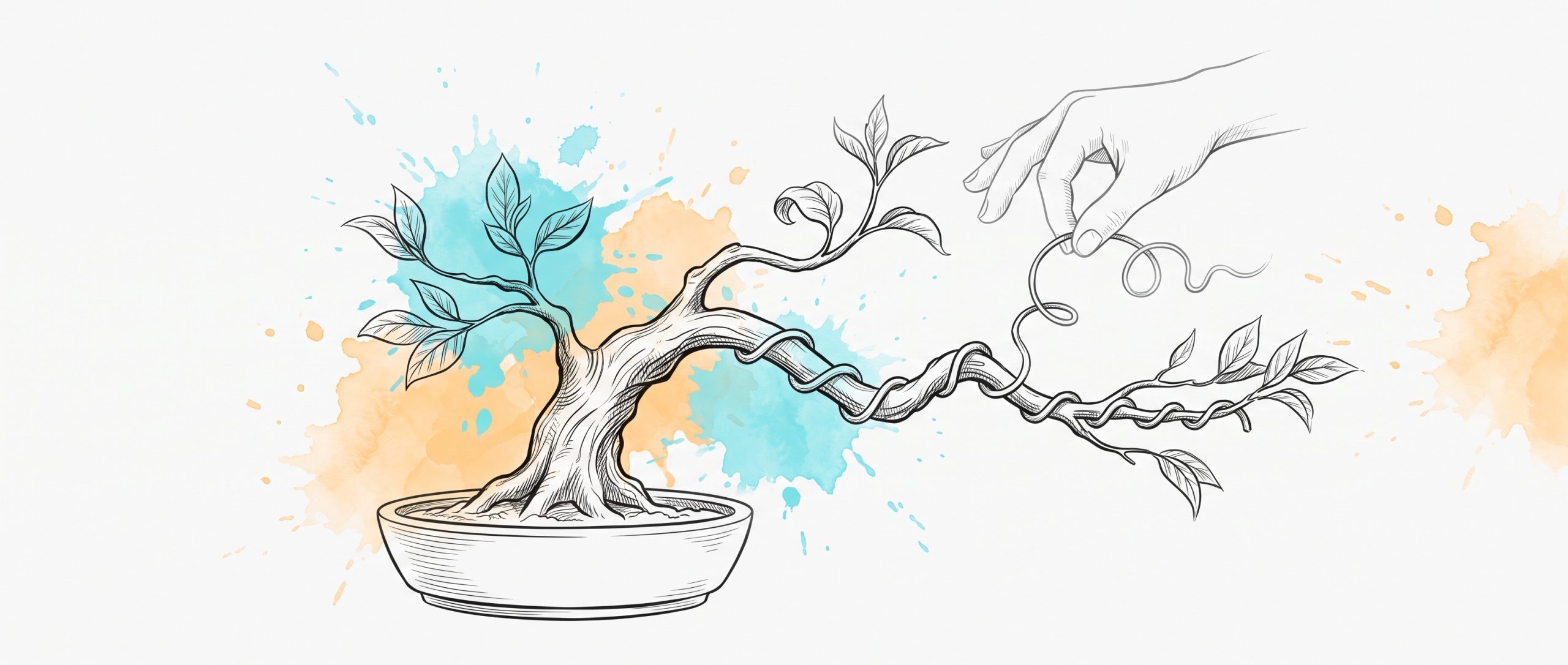 Ink illustration of a hand gently unwinding shaping wire from a bonsai branch, the freed part of the branch lifting into its own natural curve with new leaves