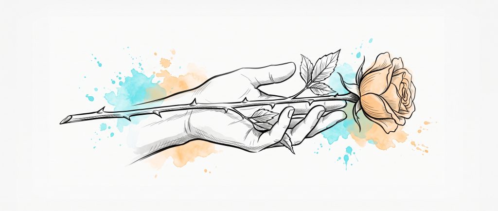 Ink and watercolour illustration of an open, loosening hand with a long thorned rose stem resting across the palm, the soft apricot bloom and the thorns growing on the same stem