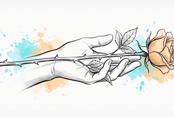 Ink and watercolour illustration of an open, loosening hand with a long thorned rose stem resting across the palm, the soft apricot bloom and the thorns growing on the same stem