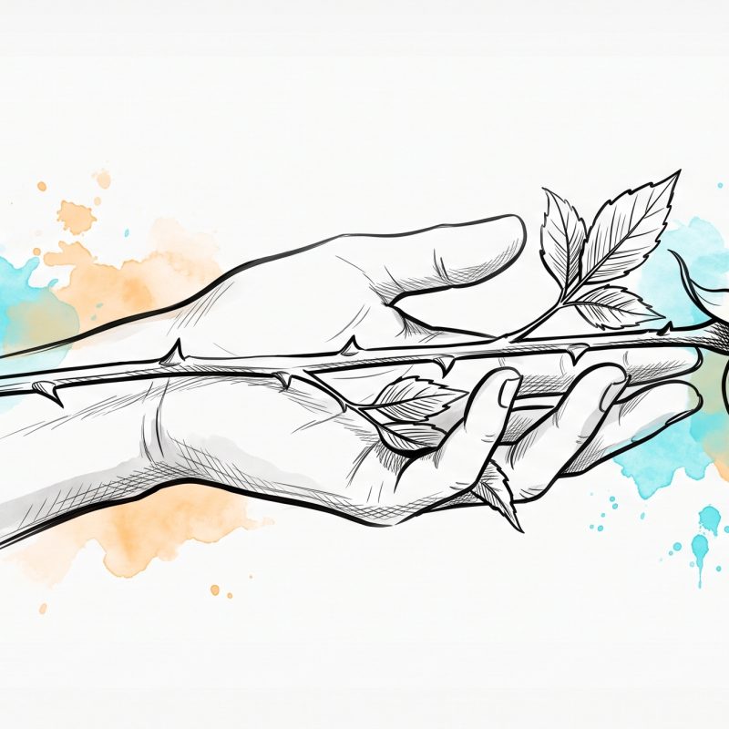Ink and watercolour illustration of an open, loosening hand with a long thorned rose stem resting across the palm, the soft apricot bloom and the thorns growing on the same stem