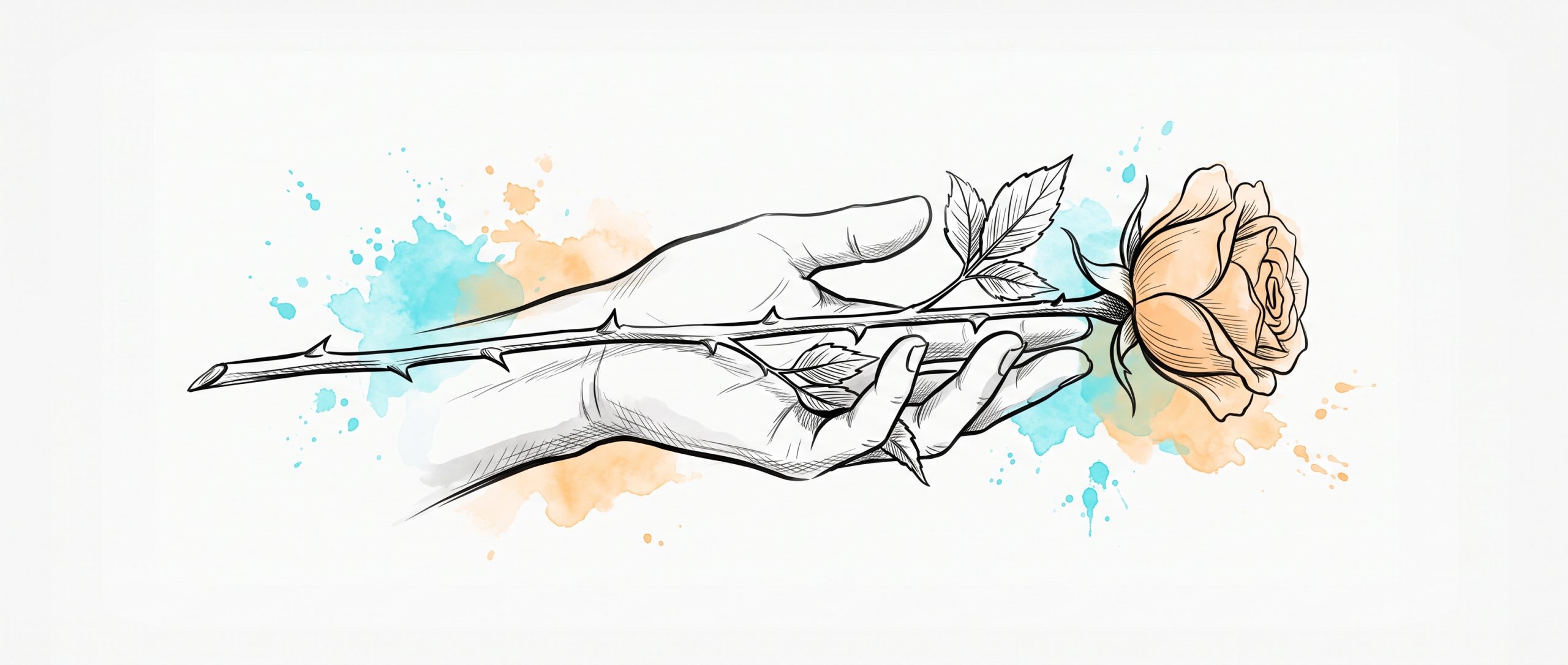 Ink and watercolour illustration of an open, loosening hand with a long thorned rose stem resting across the palm, the soft apricot bloom and the thorns growing on the same stem
